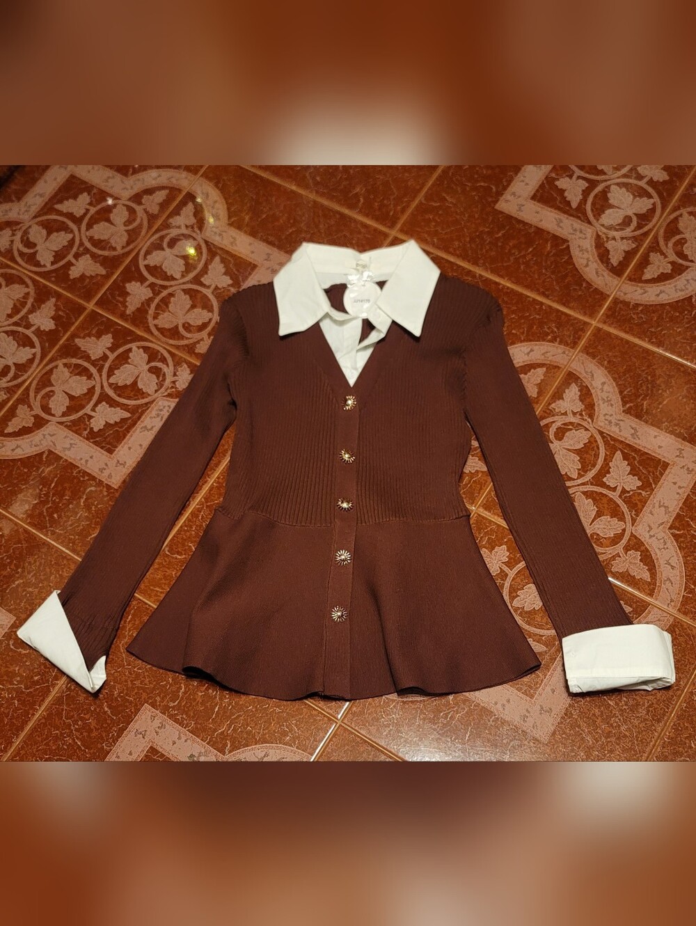 Pastels White Collared Top with Brown Knit Panel
